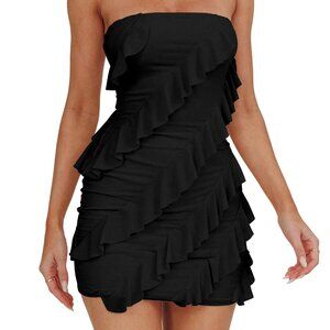 Women's Sexy Strapless Tube Top Bodycon Sleeveless Ruffle Mini Party Dress, X-Sm